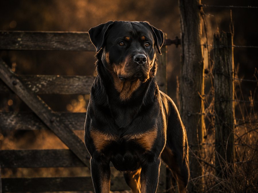 A Rottweiler standing watch at a farm gate at dusk