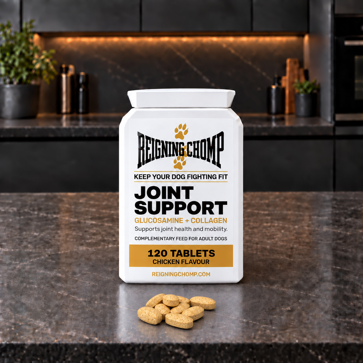 Reigning Chomp Joint Support pack and tablets on a kitchen counter