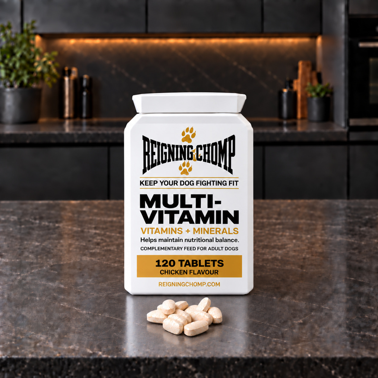 Reigning Chomp Multi-Vitamin pack and tablets on a kitchen counter