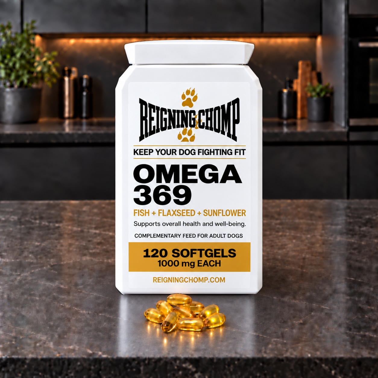 Reigning Chomp Omega 369 pack and softgels on a kitchen counter