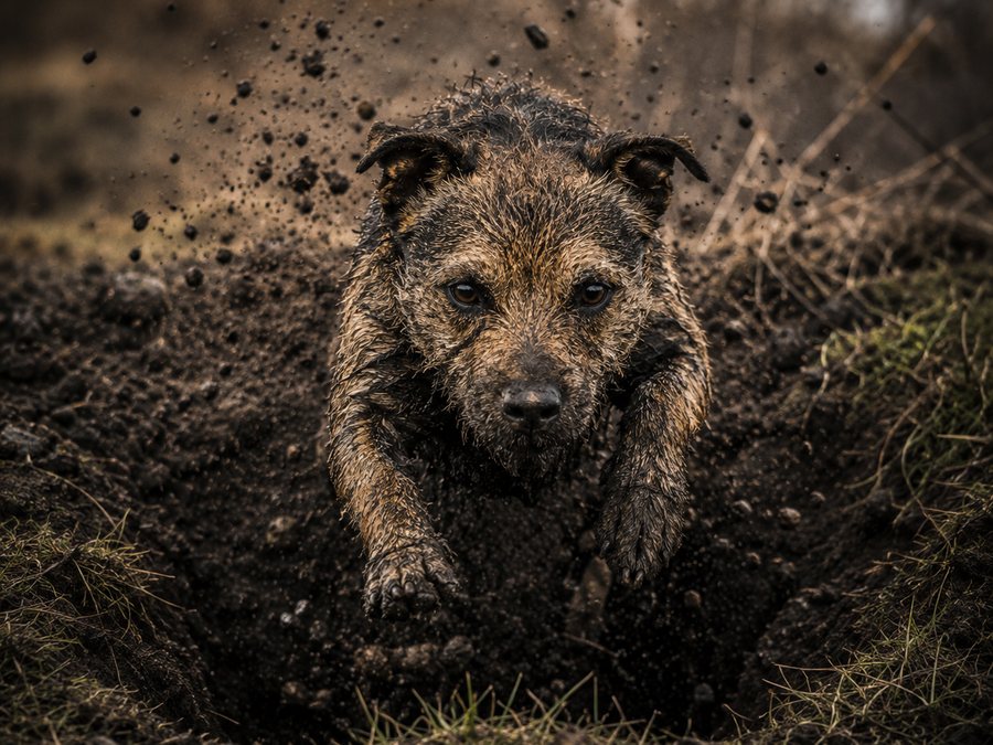 A muddy working terrier charging out of a dug hole